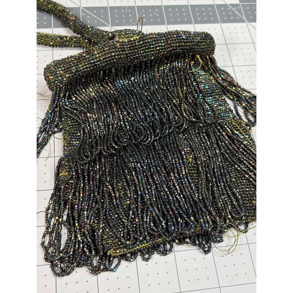 Antique 1920s Iridescent Beaded Fringe Purse Flapper Art Deco Wristlet Seed Bead - Picture 2 of 6